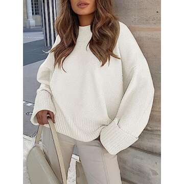 ANRABESS Women's Oversized Crewneck Long Sleeve Fuzzy Knit Casual Chunky Warm 2024 Fall Pullover Sweaters Top Trendy Outfits White Medium