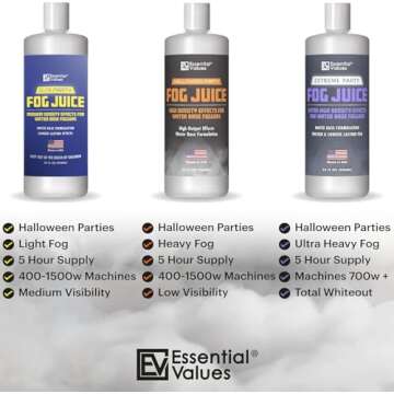 Essential Values Fog Machine Liquid - Fluid for Smoke Machine Fog - Long-Lasting Fog Juice - Medium Density Smoke for Water-Based Foggers - For 400-1500 Watt Machines