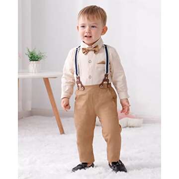 DISAUR Toddler Boy Wedding Outfits Apricot Brown Long Sleeve Dress Shirt Bow Tie Suspender Pants Baptism Outfits