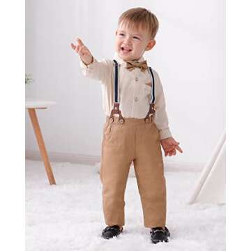 DISAUR Toddler Boy Wedding Outfits Apricot Brown Long Sleeve Dress Shirt Bow Tie Suspender Pants Baptism Outfits