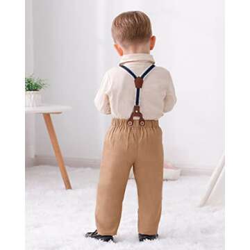 DISAUR Toddler Boy Wedding Outfits Apricot Brown Long Sleeve Dress Shirt Bow Tie Suspender Pants Baptism Outfits