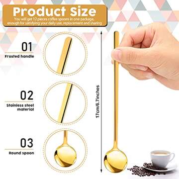 Coffee Spoons Gold 6.7 Inch Long Handle Stirring Spoons Gold Espresso Spoons Stainless Steel Tea Spoon Mini Tasteless Dessert Table Spoons Stirring Spoon for Sugar Cake Ice Cream Cappuccino (12 Pcs)