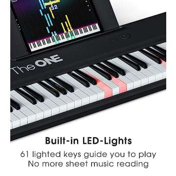 The ONE Smart Keyboard COLOR 61 Lighted Keys Piano Keyboard, Electric Piano for Beginners with 256 Tones, 64 Polyphony, Built-in LED Lights and Free Apps (Black)