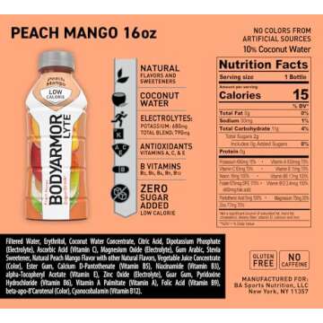 BODYARMOR LYTE Peach Mango Sports Drink - 12 Pack, Natural Electrolytes