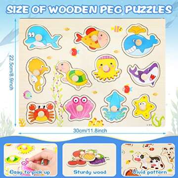 12 Pack Wooden Peg Puzzles for 2-5 Years Old Learning Toys Gift Early Educational Games Teenager Puzzles Set Alphabet Numbers Animals Fruits Learning Puzzles Board for 2-5 Years Old Teenager