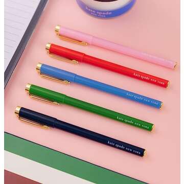 kate spade new york Fine Point Pen Set of 5, Plastic Colorful Pens, Fine Tip Colored Ink Pens for Precise Writing and Journaling