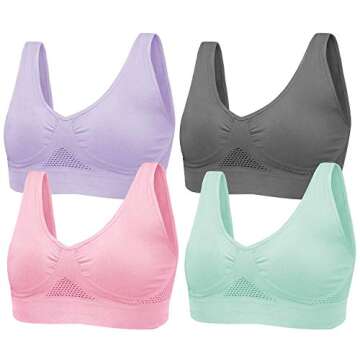 4-Pack Women's Seamless Wireless Cooling Unpadded Comfort Bra (Blue Glass, Lady Pink, Purple Heather, Neutral Gray, Large)