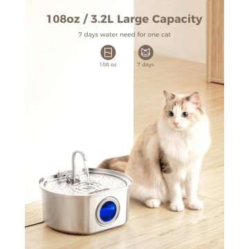 Cat Water Fountain Stainless Steel: 108oz/3.2L Cat Fountain for Drinking- Pet Water Fountain for Cats Inside - Automatic Cat Water Dispenser Bowl - Cat Feeding & Watering Supplies - Water Level Window