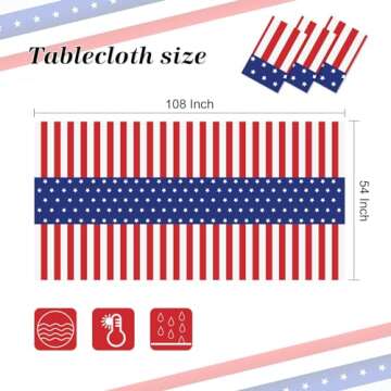 3 Pack Patriotic Tablecloth, Disposable Plastic Tablecloth 54" x 108" Patriotic Decorations, Birthday Party Table Cloth for Kids, Patriotic Themed Party Supplies for Outside, Picnic, Camping, Memorial