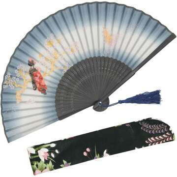 OMyTea Hand Fan Women Folding Hand Held Silk Fan - with a Fabric Sleeve for Protection for Gifts - Chinese/Japanese Vintage Retro Style (Dark Blue)