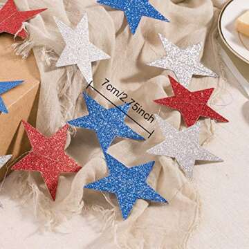 Whaline 52ft Glitter Patriotic Star Streamers Paper Bunting Banner Red White Blue Star Garland Hanging Decoration for 4th of July Decorations Independence Day Celebration Party, 4 Pack