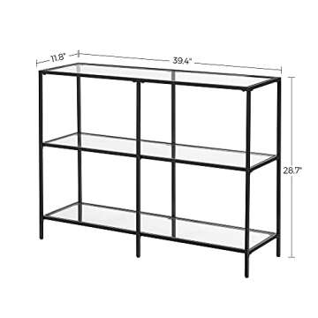 VASAGLE 39.4 Inch Console Table with 3 Shelves, Sofa Table, Entryway Table, Metal Frame, Tempered Glass Shelf, Modern Style, for Entryway Living Room Bedroom, Classic Black and Transparent ULGT027B01