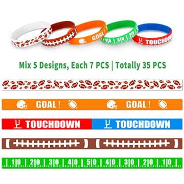 Gatherfun Football Wristband Silicone Bracelets Sport Themed Party Accessories Gift for football Tailgate Birthday Party Decorations Party Favors and Adults 35 Pack, 5 Designs