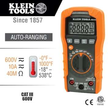 Klein Tools MM400 Multimeter, Digital Auto Ranging, AC/DC Voltage, Current, Capacitance, Frequency, Duty-Cycle, Diode, Continuity, Temp 600V