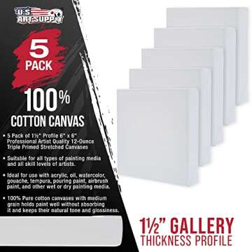 U.S. Art Supply Square Stretched Canvas for Painting 6x6 inch Gallery Depth 1-1/2" Thick, 5-Pack - 12oz Acrylic Gesso Triple Primed, Professional Artist Quality, 100% Cotton - Pouring, Oil Paint