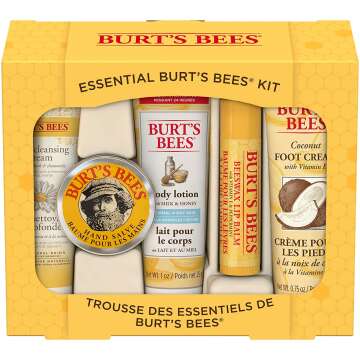 Burt's Bees Christmas Gifts, 5 Stocking Stuffers Products, Everyday Essentials Set - Original Beeswax Lip Balm, Deep Cleansing Cream, Hand Salve, Body Lotion & Foot Cream, Travel Size