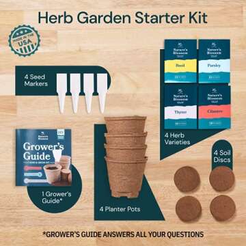 Nature's Blossom Herb Garden Kit - Outdoor & Indoor Seed Starter Kit with Tools, 4 Types of Plant Seeds, Pots and Growing Guide - Gardening Gifts for Women and Men﻿