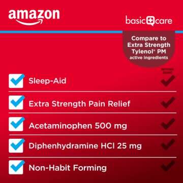 Amazon Basic Care Acetaminophen PM Caplets, Pain Reliever Plus Nighttime Sleep Aid, Extra Strength, Helps Occasional Minor Aches, Pains and Headache Relief, 100 Count, Packaging may vary