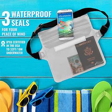 AiRunTech Waterproof Pouch with Waist Strap (2 Pack) | Beach Accessories Best Way to Keep Your Phone and Valuables Safe and Dry | Perfect for Boating Swimming Snorkeling Kayaking Beach Pool Water Park