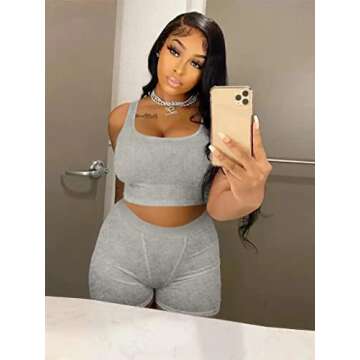 AYWA Casual Workout Sets Two Piece Outfits for Women Ribbed Crop Tank Top High Waist Leggings Active Wear (Light Heather Grey-shorts, Medium)