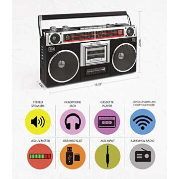 1980s Retro Bluetooth Boombox with Cassette Player and AM/FM Radio, Wired and Wireless Streaming, Classic 80s Style with Modern Technology, Silver