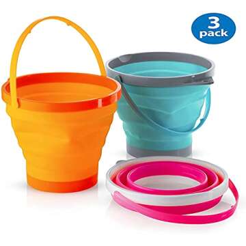 Top Race Foldable 7 Inch Silicone Collapsible Pail Beach Buckets Multi Purpose 2 Liter, Half Gallons, Household Cleaning, Camping, Travelling, Fishing, Beach Toys, Car Window Washing (Pack of 3)