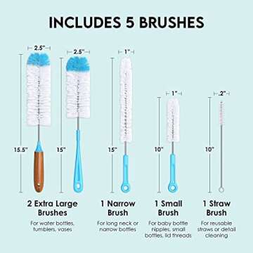 Turbo Microfiber Bottle Brush Cleaner Pack - Set of 5 Bottle Brushes for Cleaning Baby Bottles, Water Bottles, Tumblers, Wine Decanters, Flask, Bong, Vase Cleaner - One Straw Cleaner Brush