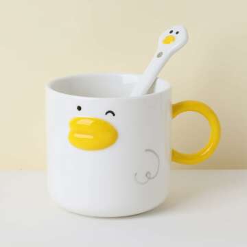 Funny Novelty Duck Coffee Mug, Ceramic Hand Glazed, Cute Anime Tea Cup,Milk Cup With Stirring Spoon,12oz Best Gift for Boys & Girls.