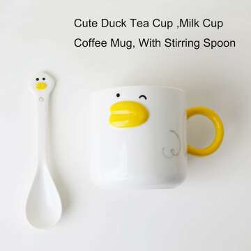 Funny Novelty Duck Coffee Mug, Ceramic Hand Glazed, Cute Anime Tea Cup,Milk Cup With Stirring Spoon,12oz Best Gift for Boys & Girls.