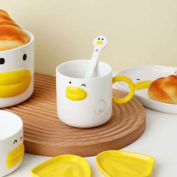 Funny Novelty Duck Coffee Mug, Ceramic Hand Glazed, Cute Anime Tea Cup,Milk Cup With Stirring Spoon,12oz Best Gift for Boys & Girls.