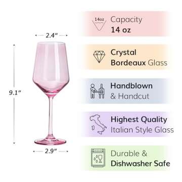 Pink Wine Glasses Set of 6-14 oz Colored Wine Glasses Stemmed, Birthday Gift, Blush Colored Tall Stemmed, Unique Wine Glasses, Colorful Wine Glasses, Colored Glassware - Blushed Pink