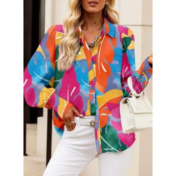 EVALESS Blouses for Women Fashion 2025 Spring Fall Womens Long Sleeve Tops Dressy Multicolor Button Down Shirt for Women Business Casual Sexy V Neck Clothes Outfits for Work Hawaiian Shirts,Large