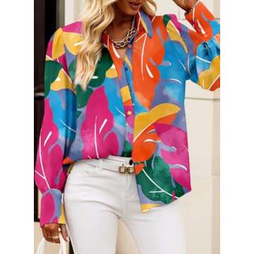 EVALESS Blouses for Women Fashion 2025 Spring Fall Womens Long Sleeve Tops Dressy Multicolor Button Down Shirt for Women Business Casual Sexy V Neck Clothes Outfits for Work Hawaiian Shirts,Large