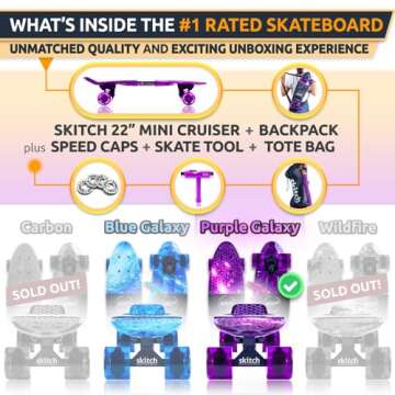 SKITCH Complete Skate Board for Kids 8-12 4-6-8-10 6-12 Year Old Beginner Girls Children Gift Set 22 Inch Penny Board Mini Cruiser Bearing Pink Skateboards Backpack Skate Tool (Purple Galaxy LED+)