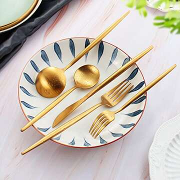 Matte Gold Silverware Set for 4, IBIILII JEFF 20 Pieces Stainless Steel Flatware Set，Kitchen Utensil Set, Tableware Cutlery Set, Knife Spoons And Forks Set, Satin Finished Polished & Dishwasher Safe