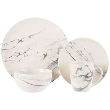 American Atelier Round Dinnerware Sets | White & Gray Kitchen Plates, Bowls, and Mugs | 16 Piece Stoneware Marble Collection 10.5 x 10.5 | Dishwasher & Microwave Safe | Service for 4