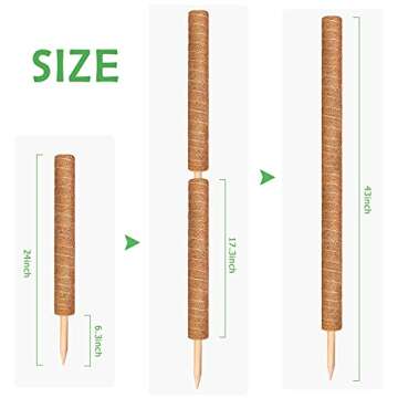 Moss Pole, Augshy Total Length 43 Inch Moss Poles - 2Pcs 24 Inch Plants Support Stakes Pole for Indoor Plants Coir Totem Pole for Creeper Monstera Plant Climbing