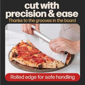 Hans Grill Pizza Cutting Board and Pizza Cutter Rocker Blade Gift Set Professional Stainless Steel Food Slicer with 13.5" Acacia Wooden Board Perfect for Slicing and Serving Pizza, Pies and Cheese