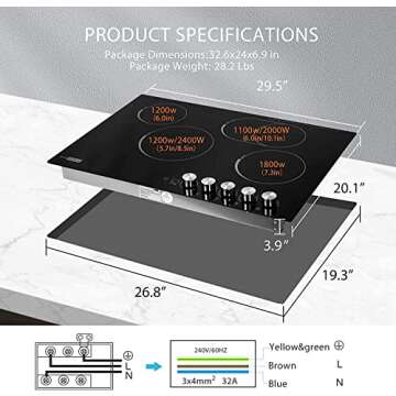 VIVOHOME 29 Inch 4 Burner 7400W Electric Radiant Cooktop, Smoothtop with 5 Heat Setting and 90-min Timer, Black