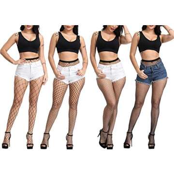 E-Laurels Womens High Waist Patterned Fishnet Tights Suspenders Pantyhose Thigh High Stockings Black (4 Pairs Black Fishnet Tight)