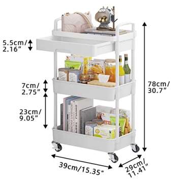 Calmootey 3-Tier Rolling Utility Cart with Drawer,Multifunctional Storage Organizer with Plastic Shelf & Metal Wheels,Storage Cart for Kitchen,Bathroom,Living Room,Office,White