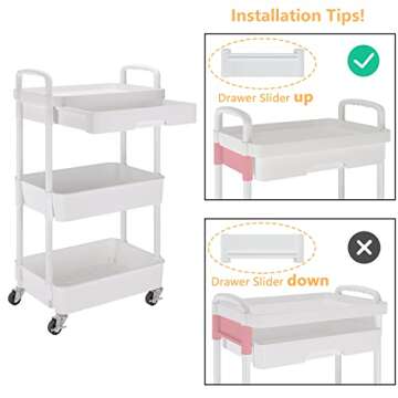 Calmootey 3-Tier Rolling Utility Cart with Drawer,Multifunctional Storage Organizer with Plastic Shelf & Metal Wheels,Storage Cart for Kitchen,Bathroom,Living Room,Office,White