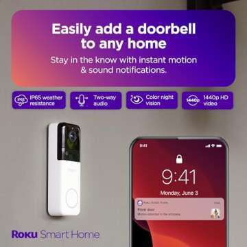 Roku Smart Home Wireless Video Doorbell & Chime - 1440p HD Night Vision Ultrawide View Doorbell Camera with Motion & Sound Detection, Works with Alexa & Google - 90-Day Subscription Included (Renewed)