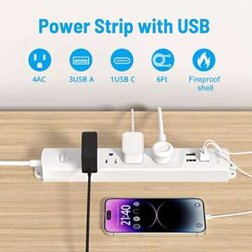 TROND Surge Protector Power Strip with USB, Ultra Thin Flat Plug 6ft Extension Cord 1625W, 3 USB A & 1 Type C, 4 AC Outlets 1440J Surge Protection ETL Listed, Wall Mount for Home Office Dorm, White