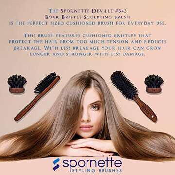 Spornette Deville Sculpting Hair Brush #343 Soft Boar Bristle, Wood Handle, Cushioned Smoothing Brush for Daily Maintenance, Finishing & Adds Shine to Brush Outs and Blow Outs