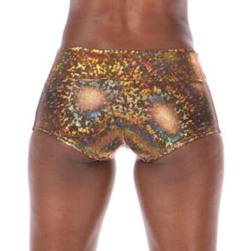 Revolver Fashion/Funstigators Festival Clothing: Women's Holographic Booty Shorts - Athletic Fit with Gusset & Pocket (S, Gold Disco)