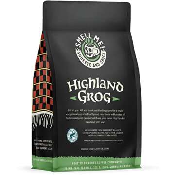 Bones Coffee Company Highland Grog Ground Coffee Beans, Butterscotch Caramel Flavor, Low Acid Flavored Coffee, Made with Arabica Coffee Beans, Medium Roast Gourmet Coffee (12 oz)