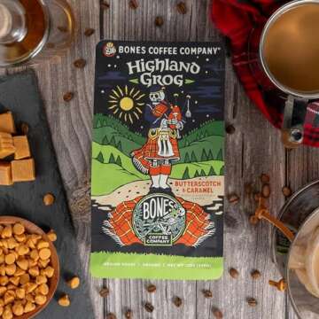 Bones Coffee Company Highland Grog Ground Coffee Beans, Butterscotch Caramel Flavor, Low Acid Flavored Coffee, Made with Arabica Coffee Beans, Medium Roast Gourmet Coffee (12 oz)