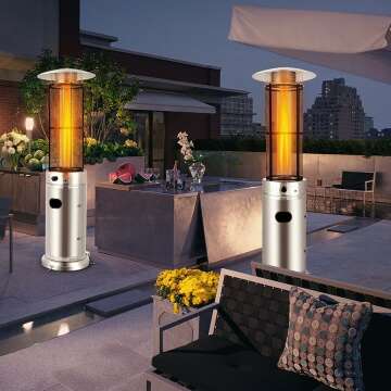 S AFSTAR 34,000 BTU Outdoor Patio Heater, Freestanding Propane Heater w/Wheels & Quartz Glass Tube, Safety Auto Shut Off, Fit to 20LBS Propane Tank, Stainless Steel Gas Space Heaters for Patio Garden