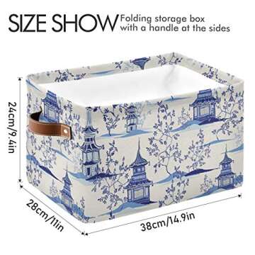 susiyo Large Closet Storage Bin Pagodas Chinoiserie Fabric Storage Baskets Collapsible Decorative Baskets Organizing Basket Bin with PU Handles for Shelves Home Closet Bedroom Living Room-2Pack